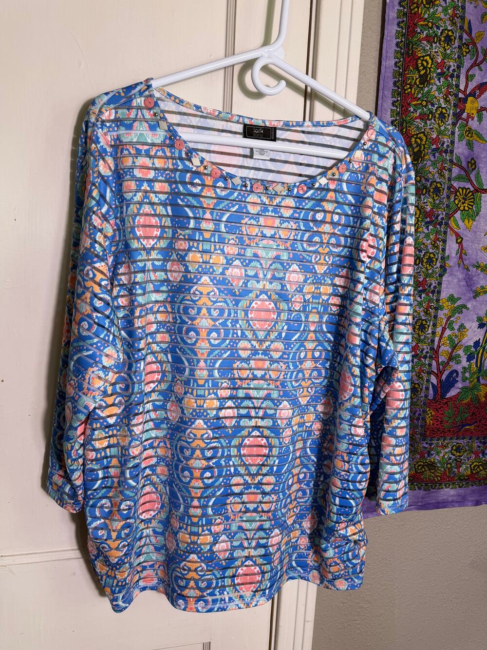 Lark Lane Woman 2X Blue Boho Medallion Print Sheer Stripe Beaded Dolman Top